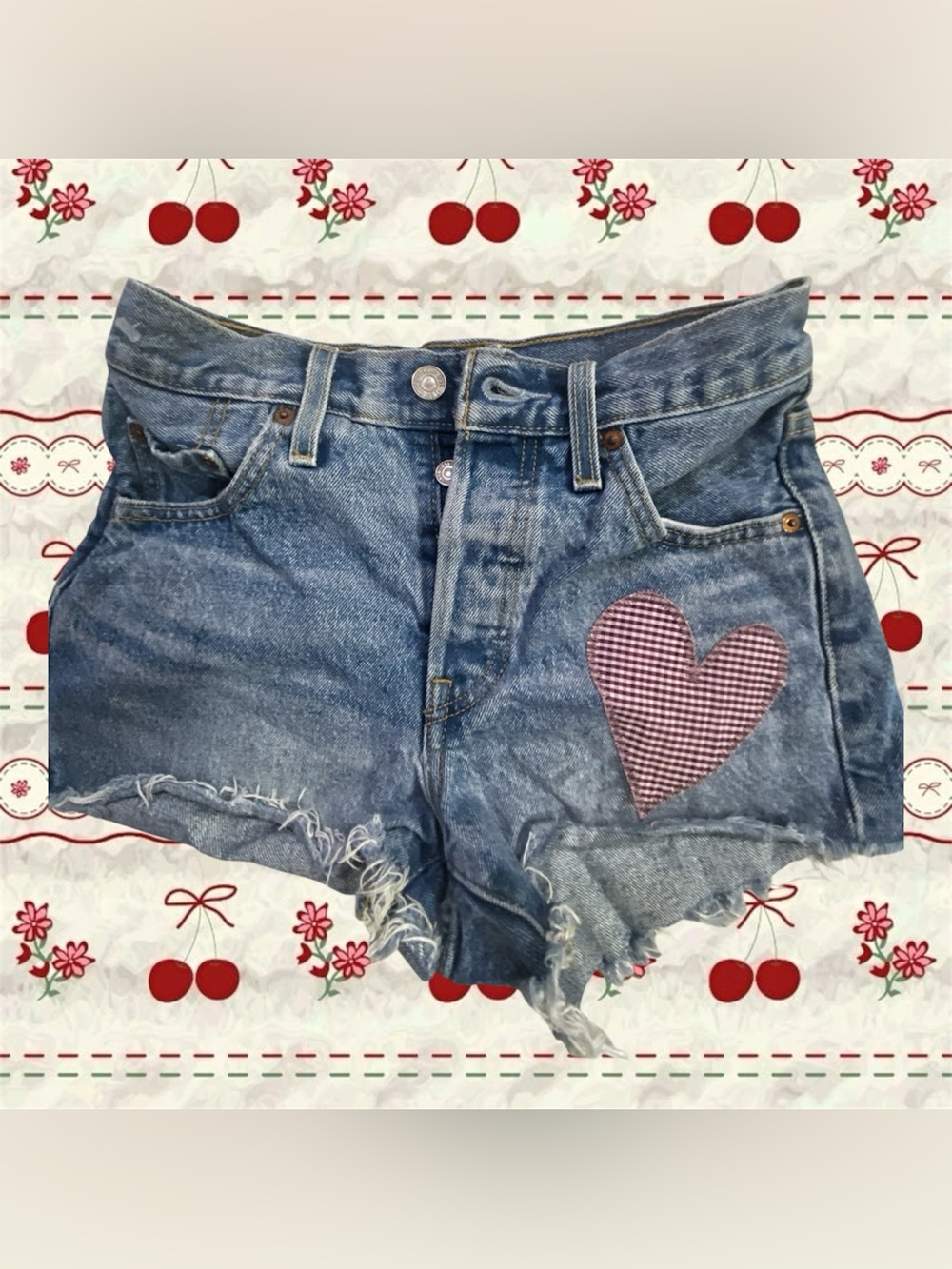 Levi's Blue Denim Cutoff Shorts with Red Gingham Heart
